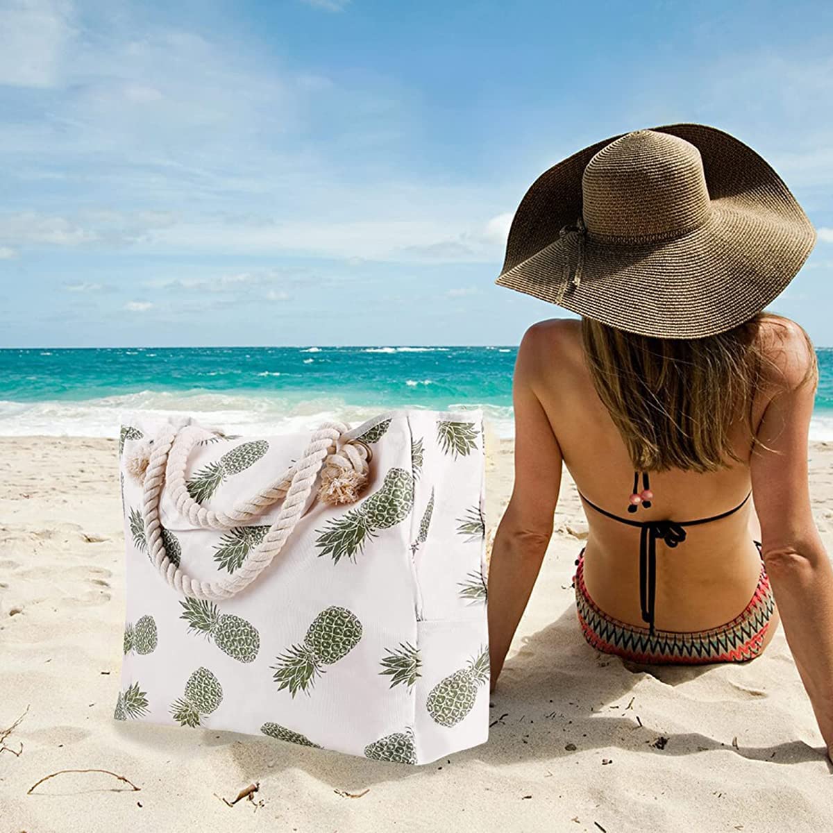 PALAY Large Beach Bag Tote Bag Print Women Beach Clothes Accessories Storage Bag Tote Bag Linen Rope Handle Zipper Closure Large Capacity Shoulder Bag for Travel