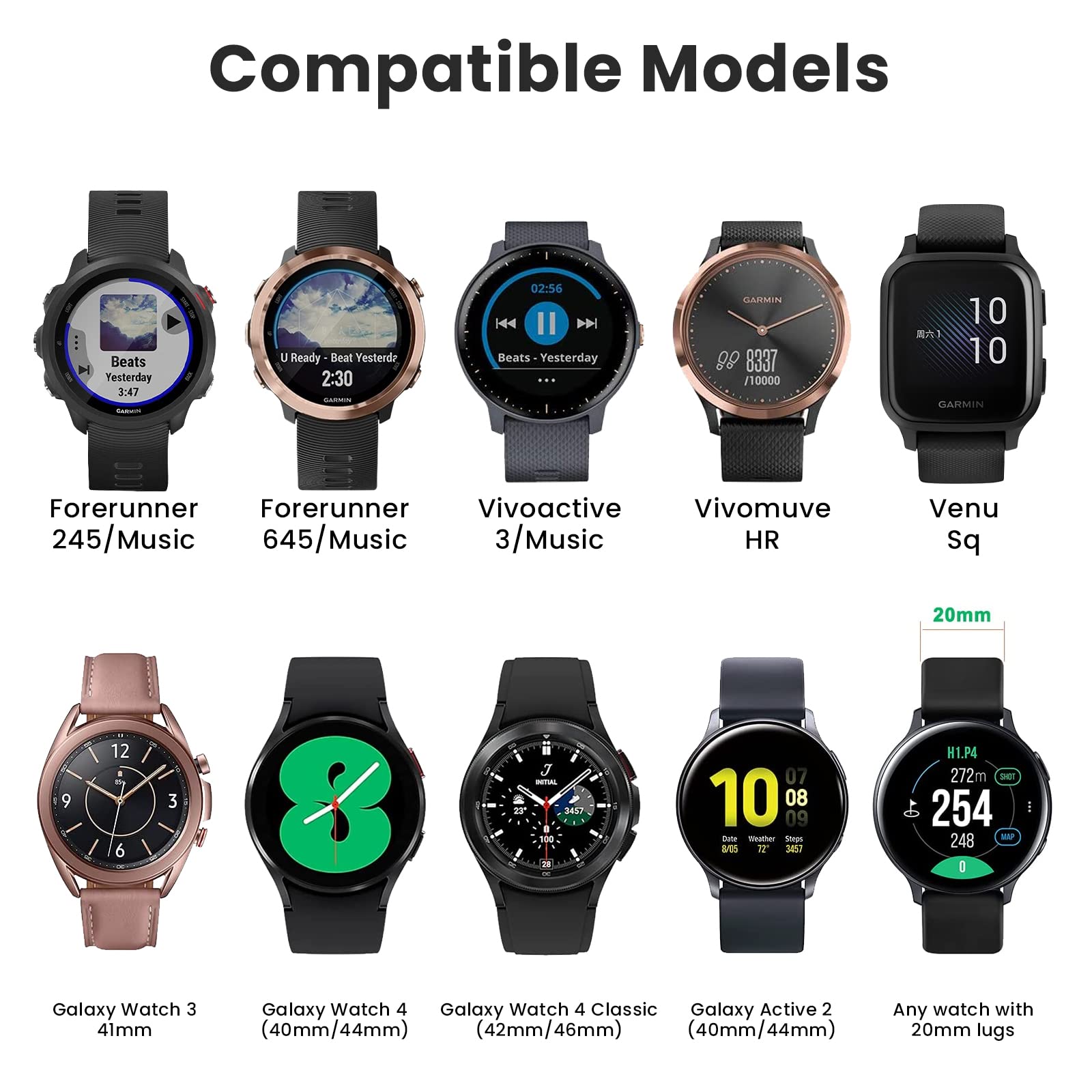 ZORBES Silicone Watch Strap Fashion Black Watch Band for Forerunner 645/245 Universal 20mm Width Watch Straps Adjustable Wristband Watch Bands for Galaxy Watch 5/5 Pro Galaxy Watch 4 Vivoactive 3