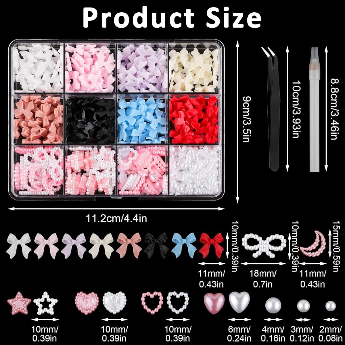 MAYCREATE 600Pcs 3D Nail Decals Multi Colors Bow Charms Pearls Star Heart 3D Flatback Nail Decals Nail Extensions Charms Fashion Cute Resin Charms for DIY Nail Art, Handcrafts Art
