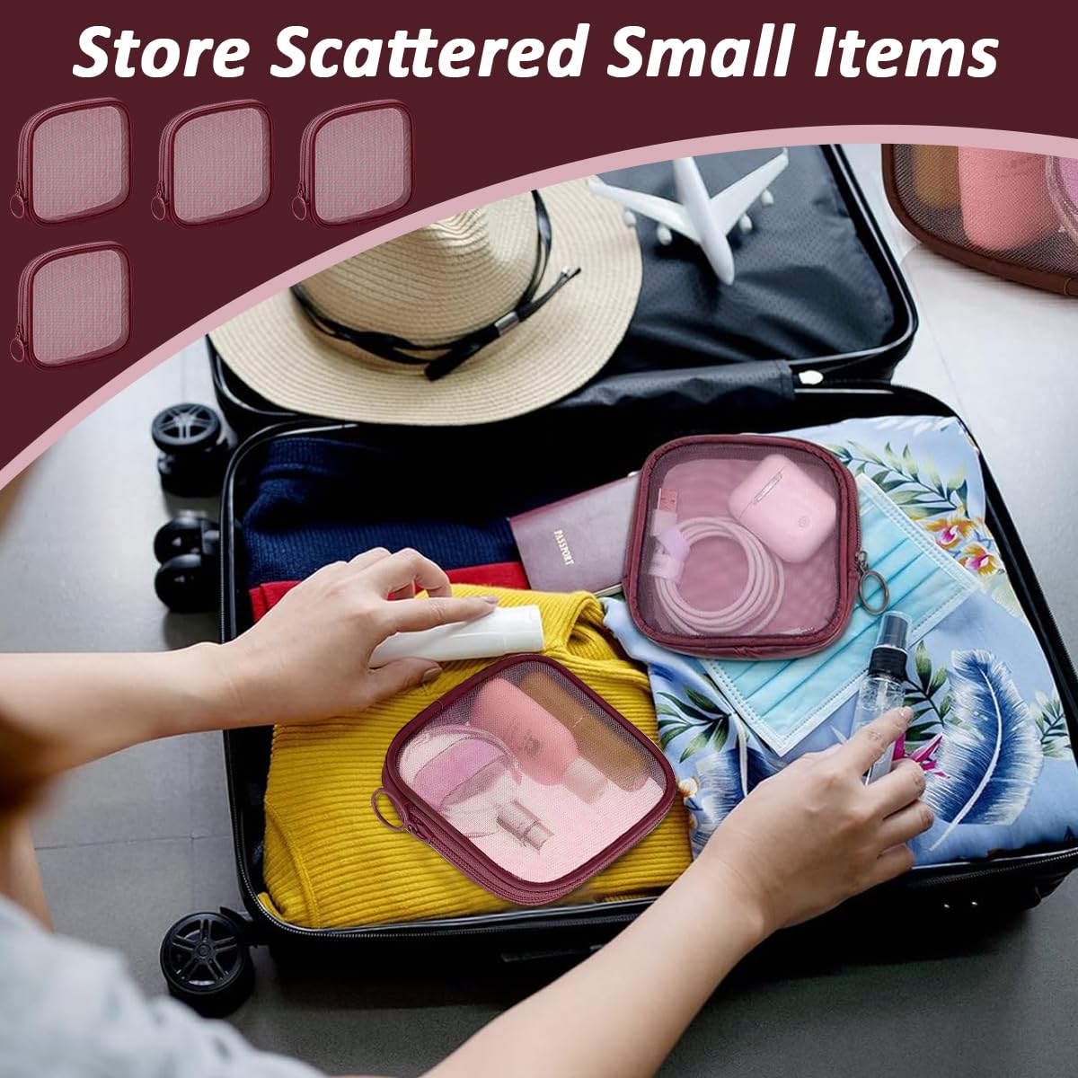 MAYCREATE 4pcs Mesh Makeup Pouch Small Zipper Cosmetic Bags for Women 4.7'' Square Fashion Lipstick Pouches for Women, Nylon Mini Cash Toiletry Organizer Bag for Daily Accessories - Wine Red