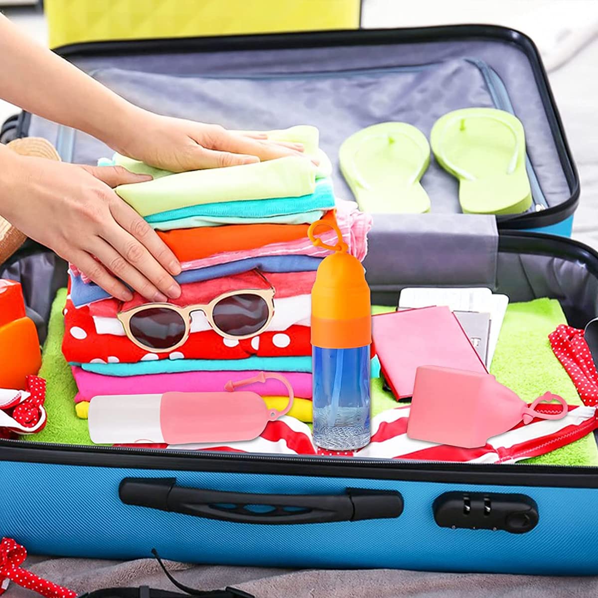 MAYCREATE 8Pcs Elastic Sleeves for Leak Proofing Travel Bottle Covers for Toiletries, Reusable Silicone Travel Container Sleeves with Pull Handle for Shampoo Lotion Leakproof Luggage Accessories