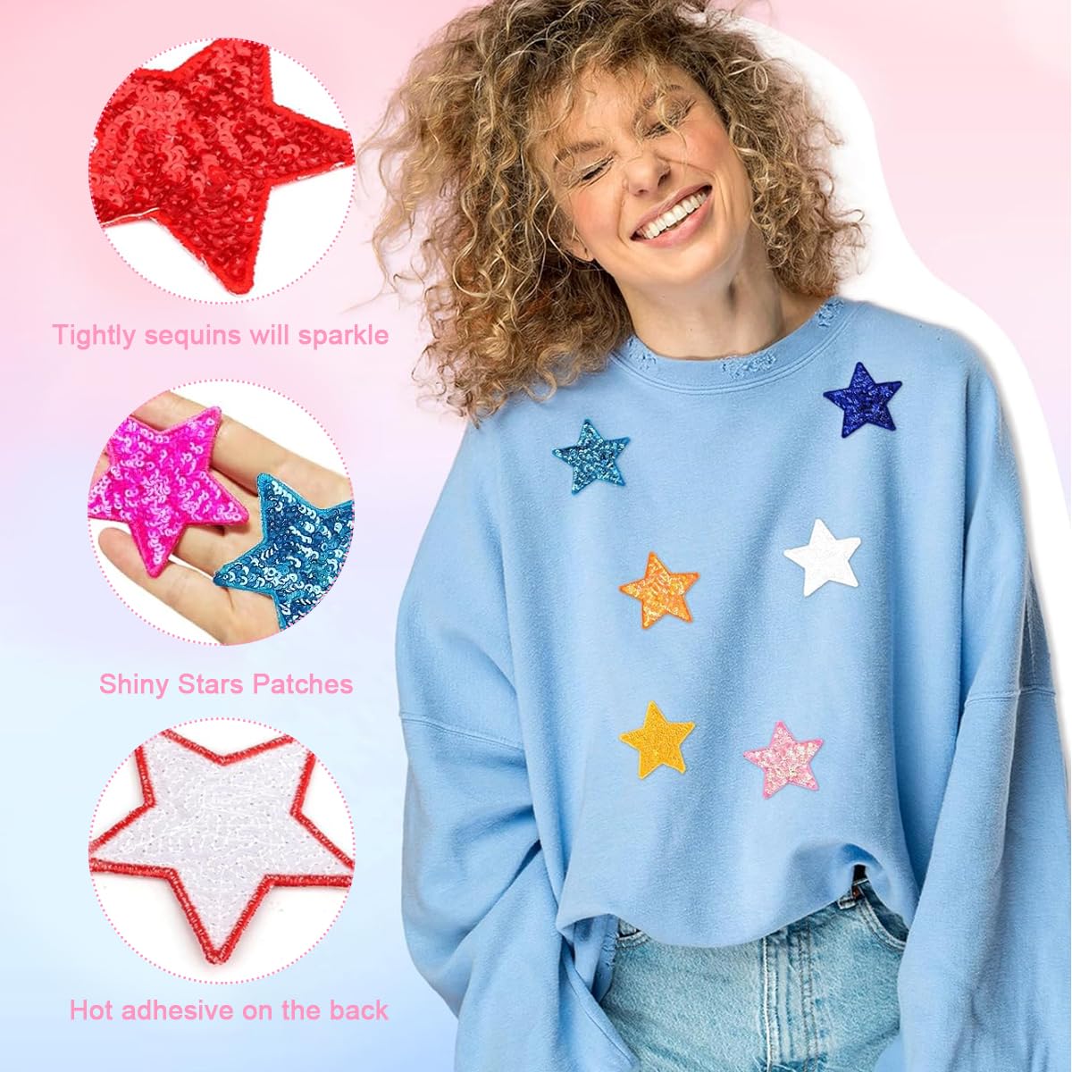 HASTHIP 20Pcs Colorful Sequin Star Iron on Patches 10 Colors Shiny Sequin Star Patches Embroidery Sequin Patches 2.4 inches Sequin Star Iron on Patches for Clothes Hats Backpack Bag