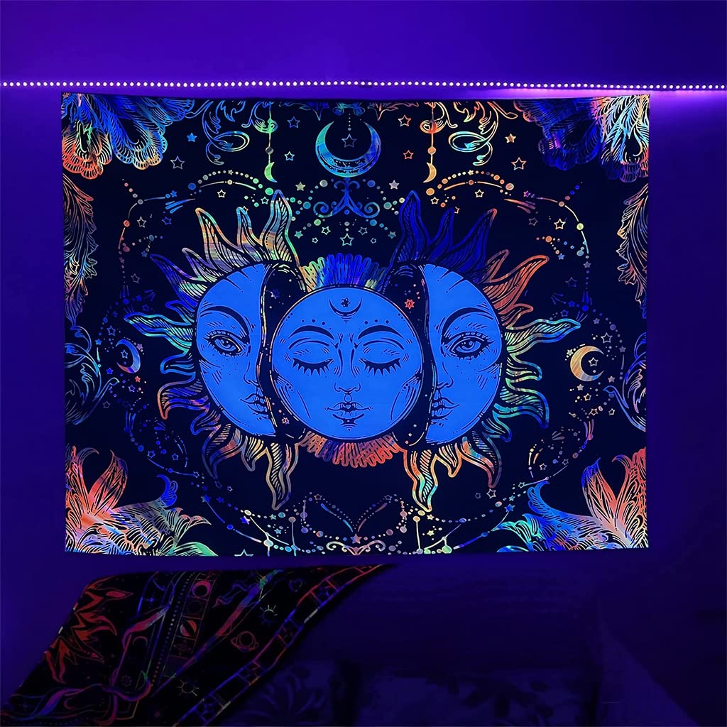 HASTHIP Uv Luminous Tapestry Uv Reactive Tapestry Glow In The Dark Sun And Moon Tapestry Uv Reactive Tapestry Wall Hanging (51Inch X 59Inch) (Multi-Colour)