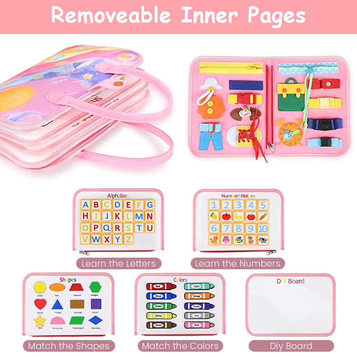 PATPAT Busy Board For Toddlers 1-3|Upgrade Montessori Toys For Toddlers Develop Basic Skillsfor All In 1 Educational Toys For 1 to 4 Year Kids|Activity Toy|Travel Learning Toys Gifts For Kids|Pink