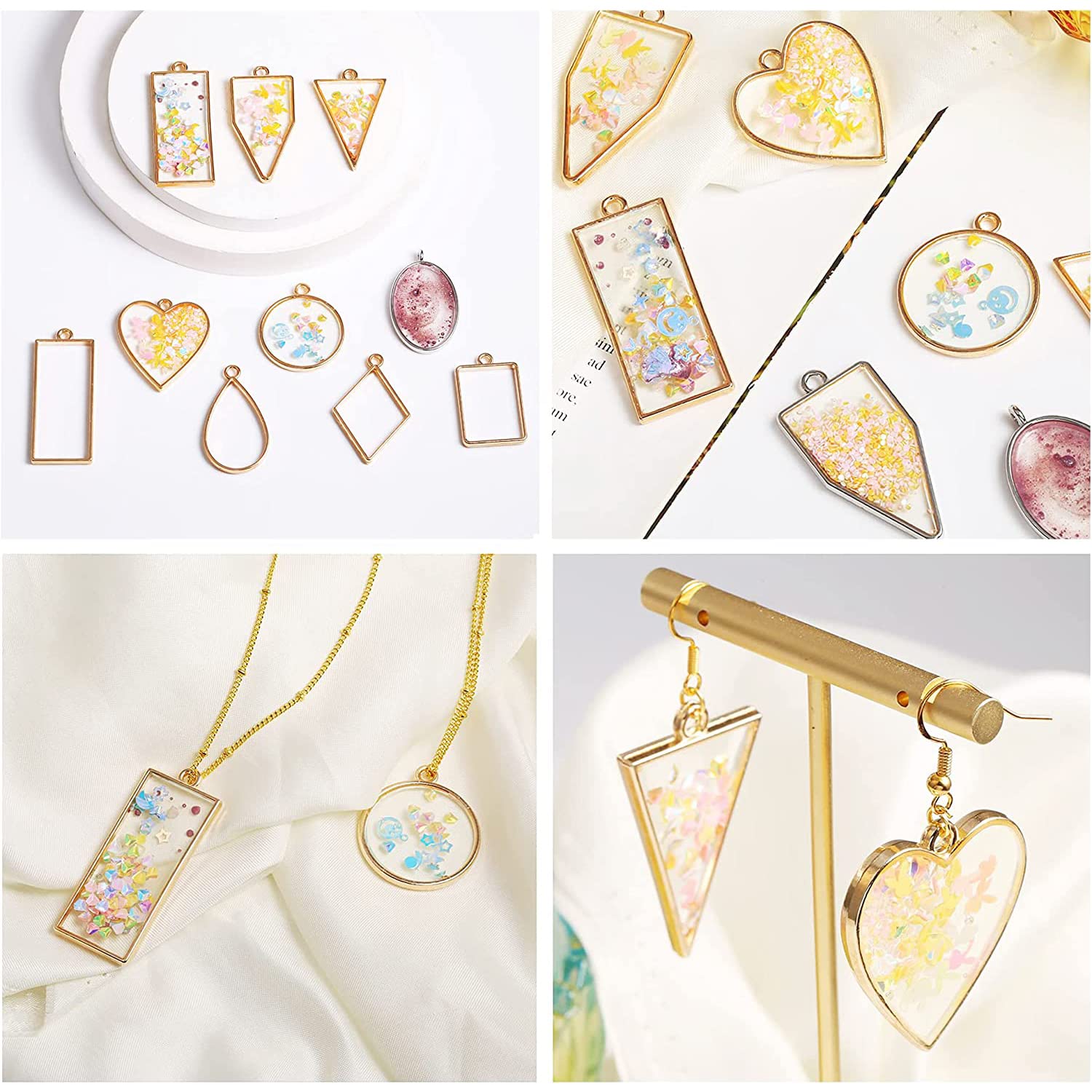 HASTHIP 55Pcs Resin Pendant Mould, Mini Frame Pendants, Charm Pendant Metal Resin Moulds Kit For Key Chain Earring Necklaces Bracelet Diy Crafts, Multi-coloured