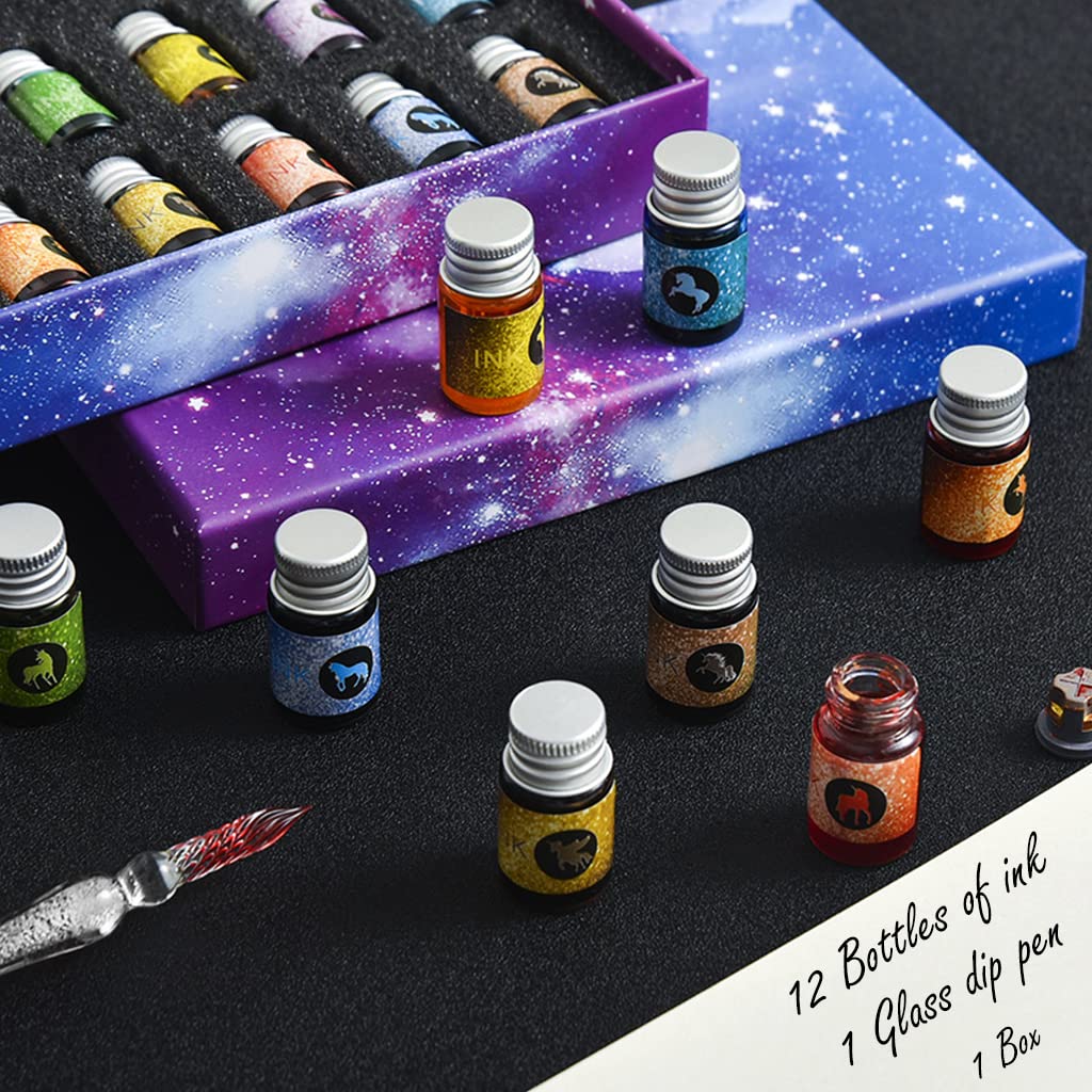 Climberty Glass Dip Pen Set, Calligraphy Pens and Ink Set - 12 Colors Ink, Crystal Glass Pen Set for Art, Writing, Drawing, Signatures, Gift for Kids and Artist