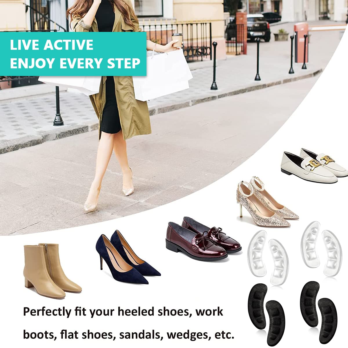 PALAY Heel Grips Liner Cushions Inserts for Loose Shoes Heel Pads, Heel Pads Insert Prevent Too Big, Heel Slipping, Blisters, Filler for Loose Shoe Fit (2*Clear+2*Black)