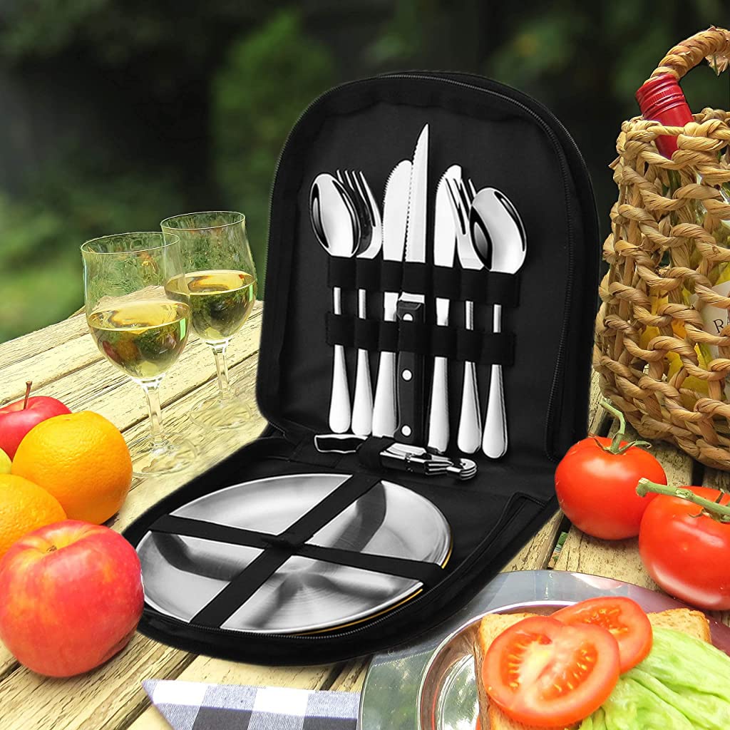 Proberos 10Pcs Cutlery Set for 2 Person with Portable Bag, Food-Grade Stainless Steel Picnic Set Include Plate Knife Fork Spoon Opener Wine Opener, Lightweight Cutlery Set for Camping Picnic Travel