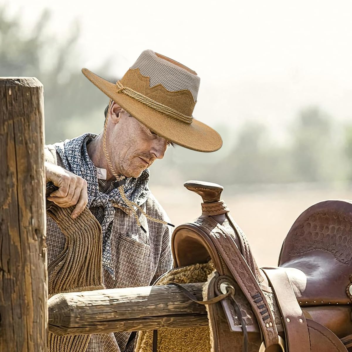 GUSTAVE Cowboy Hats for Men, Breathable Woven Flax Sun Hat, Wide Brim Sun Protection, Fashionable Summer & Hiking Hat with Secure Chin Strap, Classic Western Style, Khaki
