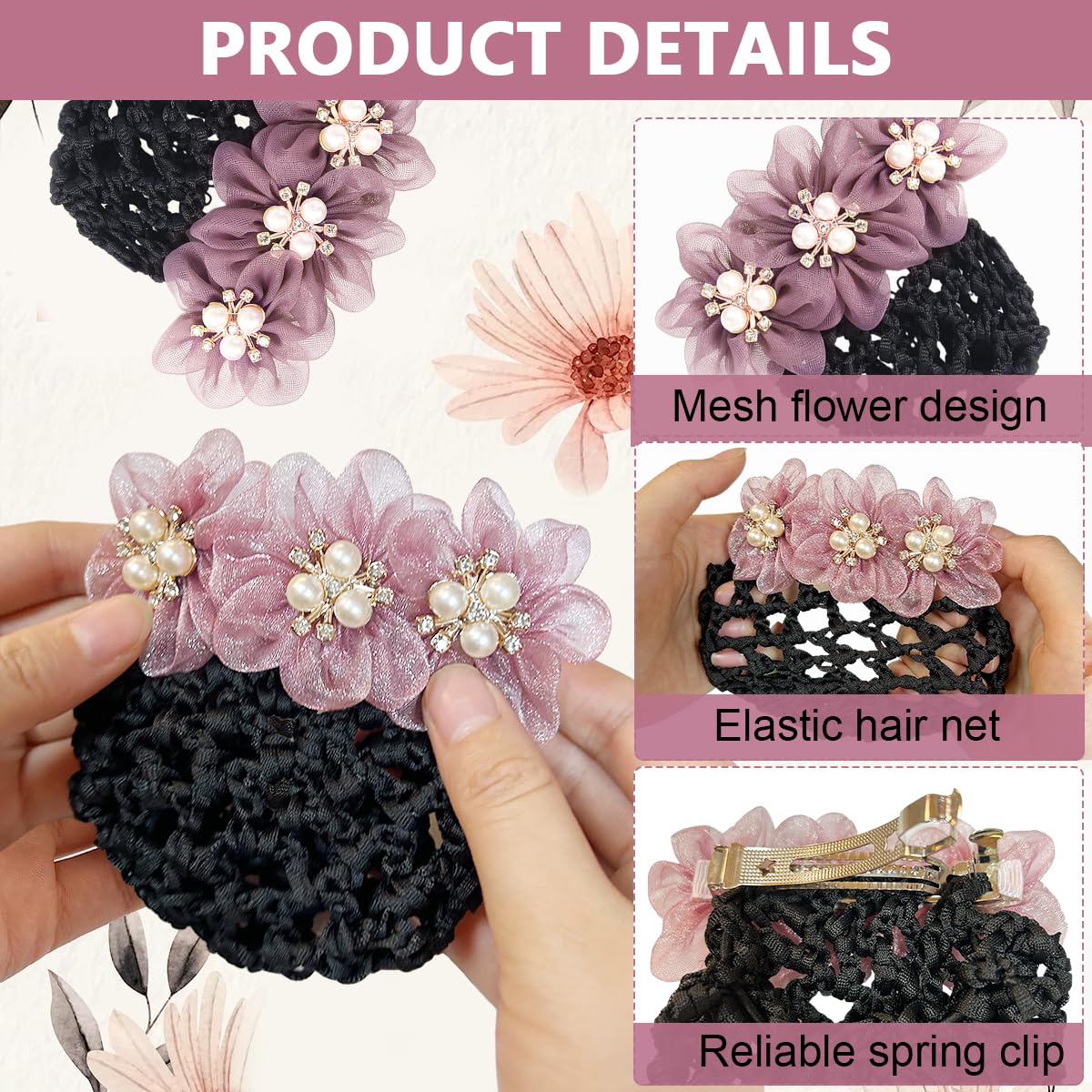 MAYCREATE Hair Bun Accessories for Women, Flower Hair Snood Net, Pearl Mesh Bun Maker for Hair, Stylish Knit Hair Bun Cover Hairnet for Daily, Work, Dancer Gift