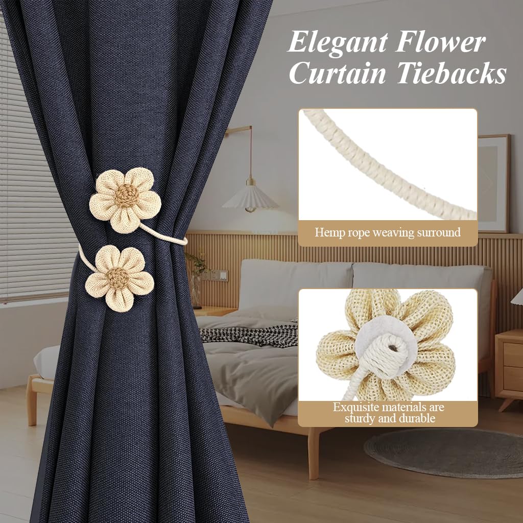 HASTHIP 2Pcs Flower Curtain Tiebacks Decorative Cotton Linen Flower Flexible Curtain Tiebacks Drape Tiebacks Flexible Metal Wire Curtain Tiebacks Non Slip Curtain Tiebacks for Heavy Drapes