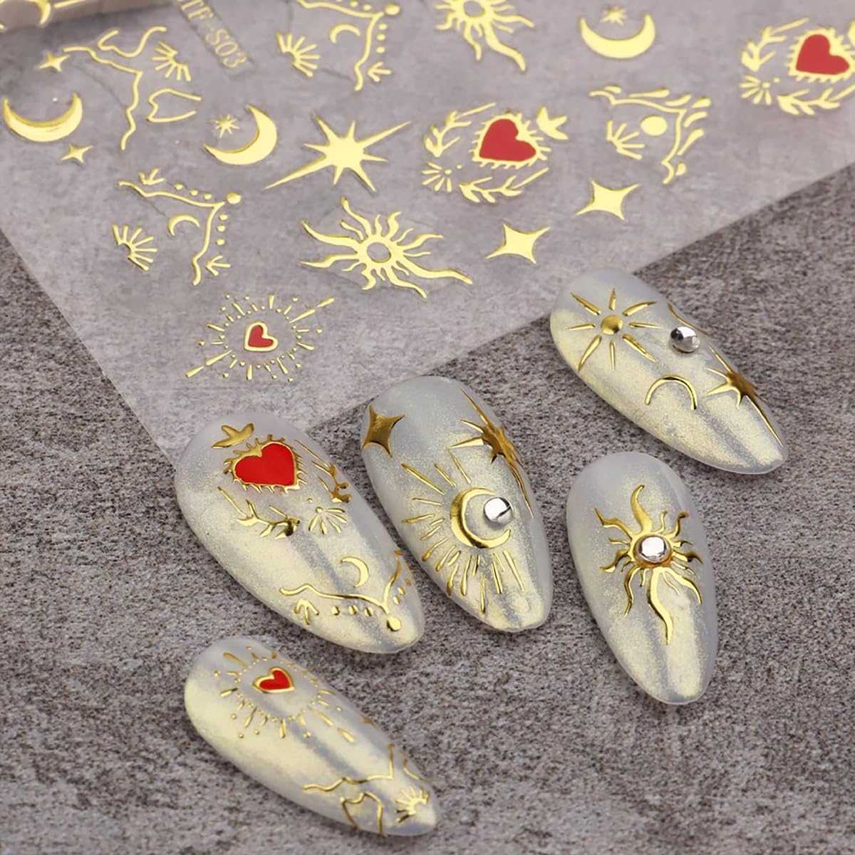 MAYCREATE 9 Sheet 3D Nail Art Decal Charm Stickers Self-Adhesive Embossed Crescent Sun Nail Art Stickers Decals Extension Nail Decal Stickers Nail Art Design Decoration