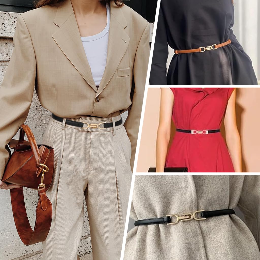 PALAY 2Pcs Waist Belt for Women Belts for Dress Fashion Slim Dress Belts for Women PU Leather Ladies Waistband with Metal Buckle Closure for Shirt Blouse Blazer (Black & Brown)