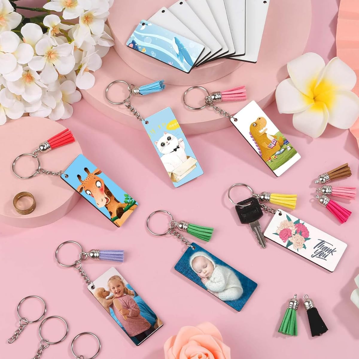 SANNIDHI 120pcs Acrylic Keychain Blanks Kit, Including 30pcs Rectangle Clear Acrylic Blanks, 30pcs Keychain Tassels, 30pcs Key Ring and 30pcs Jump Rings for DIY Key Chain Vinyl Crafting