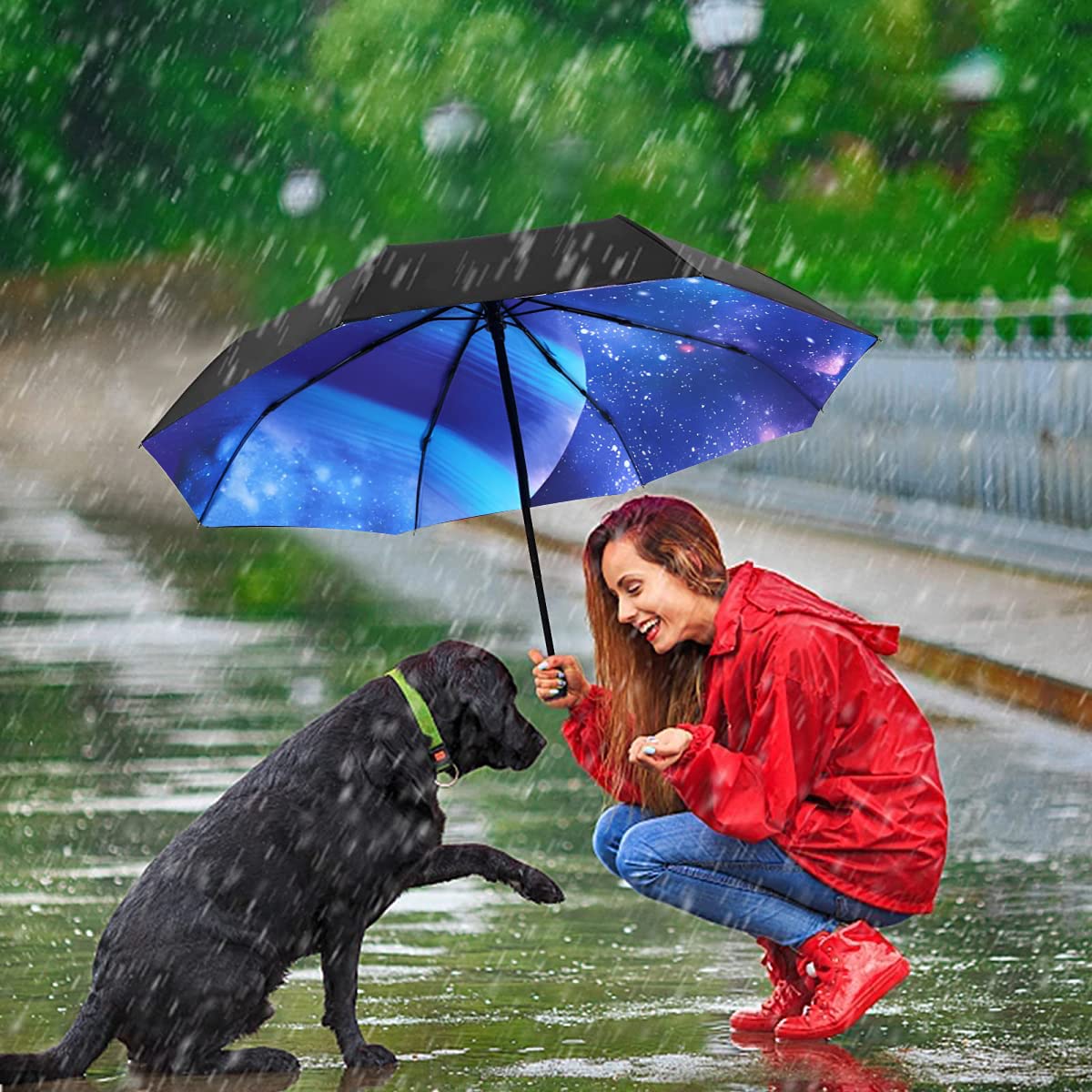 PALAY Folding Umbrella Windproof Compact Travel, Auto Open/Close Large Rain Umbrellas 8 Ribs UV Protection Umbrella for Women, Lightweight Umbrella with Polyester Coating for Travel (Starry Sky)