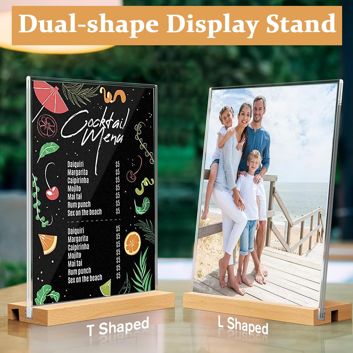 Climberty 3Pcs Acrylic Sign Holder with Wood Base Wooden Sign Holder, 5x7 inch Clear Acrylic Frames Wood Base, Double Sided Table Menu Display Stand for Restaurant Signs, Wedding Table and Photos