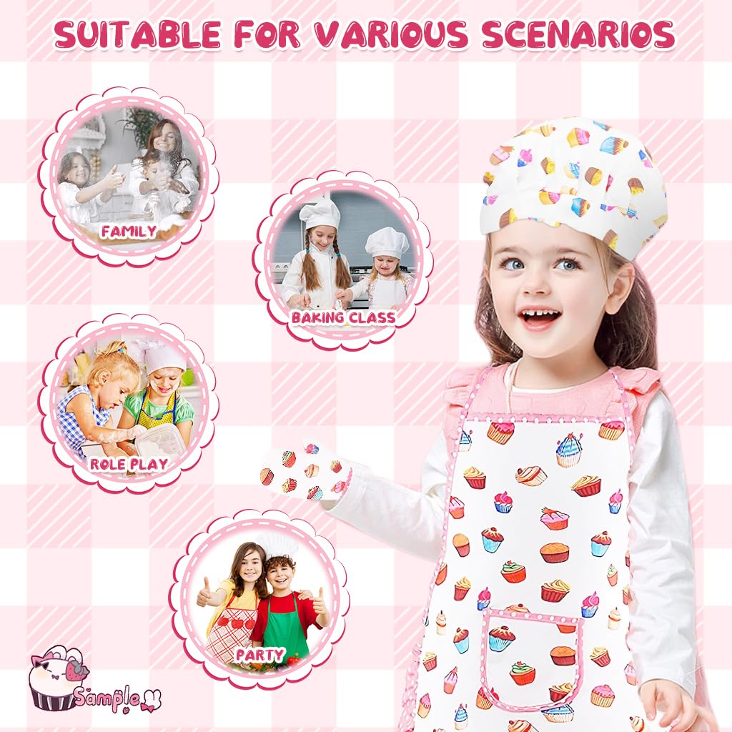 SNOWIE SOFT Chef Dress for Girl 3-7 Years Old, 4pcs Kitchen Costume Role Play Kits, Girls Apron with Chef Hat, Cooking Mitt and Print Insulation Pad Themed Photography Props