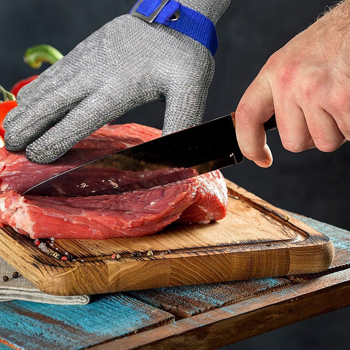 HASTHIP 1Pcs Stainless Steel Mesh Gloves, Anti-Cut Level-9 Protection Work Gloves, Adjustable Fit, Puncture Proof Glove for Meat Processing, Fish Handling, Metal & Wood Work (Large)