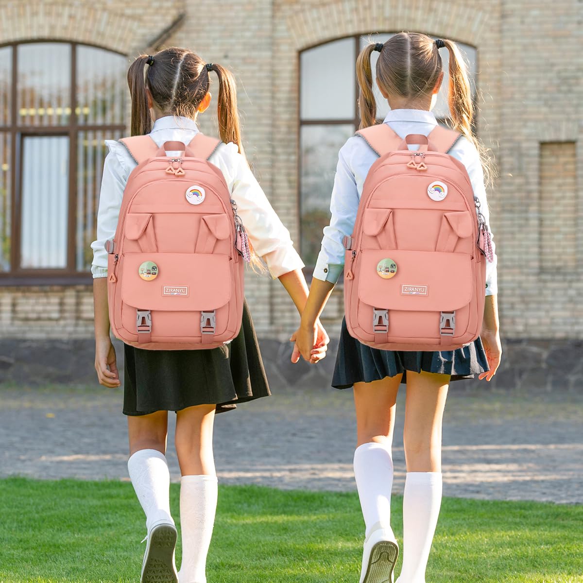 PALAY School Backpack for Girls Kawaii Bunny Ear Pink 15.6 Inches Laptop Backpack Fashion Nylon Casual Travel Backpack Multi Compartment Book Bag Chirstmas Birthday Gift for Girls, 32x20x43cm