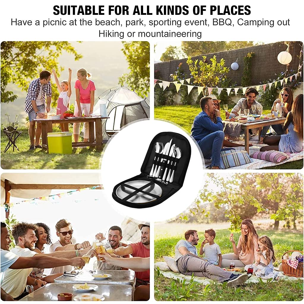 Proberos 10Pcs Cutlery Set for 2 Person with Portable Bag, Food-Grade Stainless Steel Picnic Set Include Plate Knife Fork Spoon Opener Wine Opener, Lightweight Cutlery Set for Camping Picnic Travel