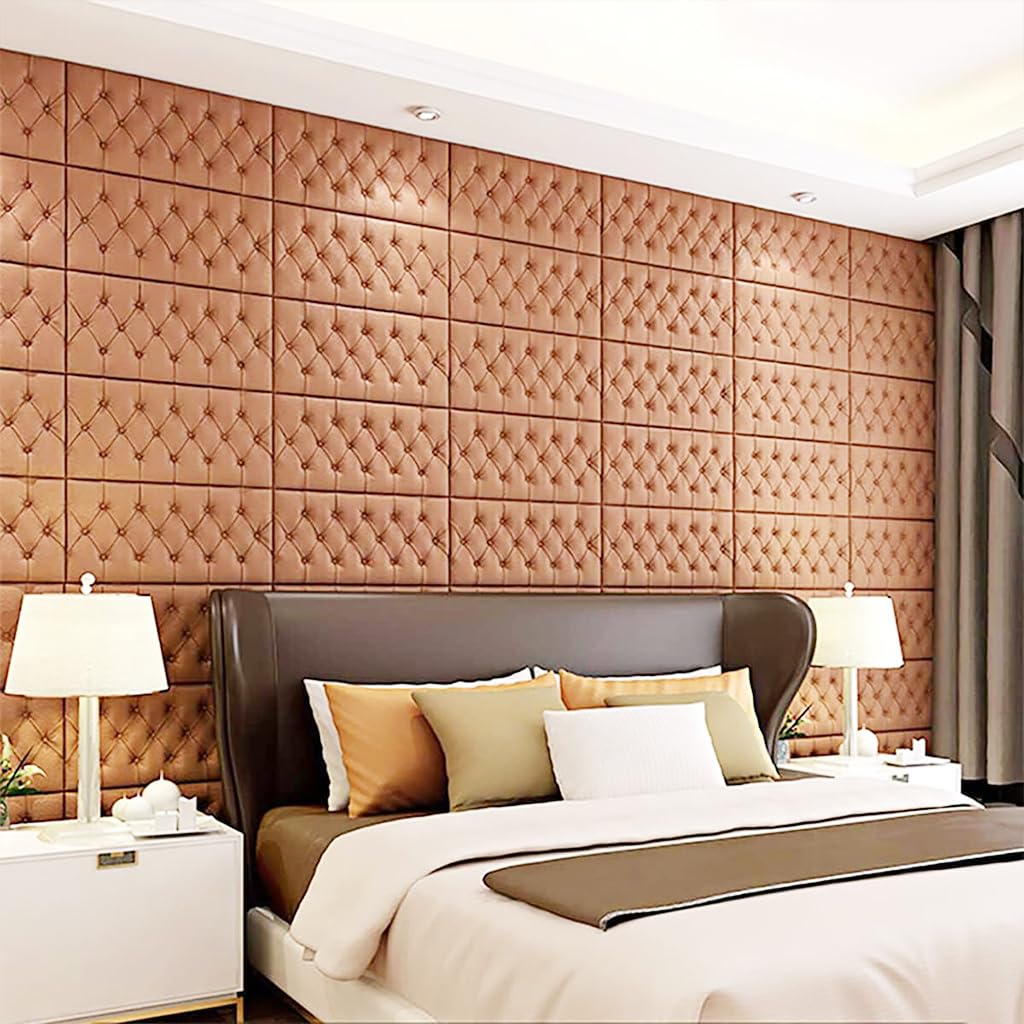 HASTHIP 4Pcs Bed Headboard Foam Panel, 8mm Thick Adhesive Foam Wall Pads, Brown Leather-Like Texture 3D Cushioning Wall Panels for Home, Hotel, Living Room, Bedroom, Cafe Décor (27.5x13.7 Inches)