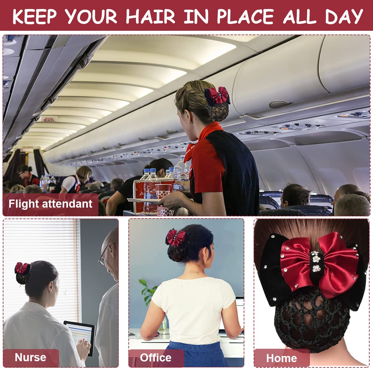 MAYCREATE Hair Bun Net Bow Hair Clip Bun Cover for Women Mesh Barrette Spring Clip Hairnet Bowknot Decor Snood Net for Daily, Work, Dancer, Nurse, etc (Red)