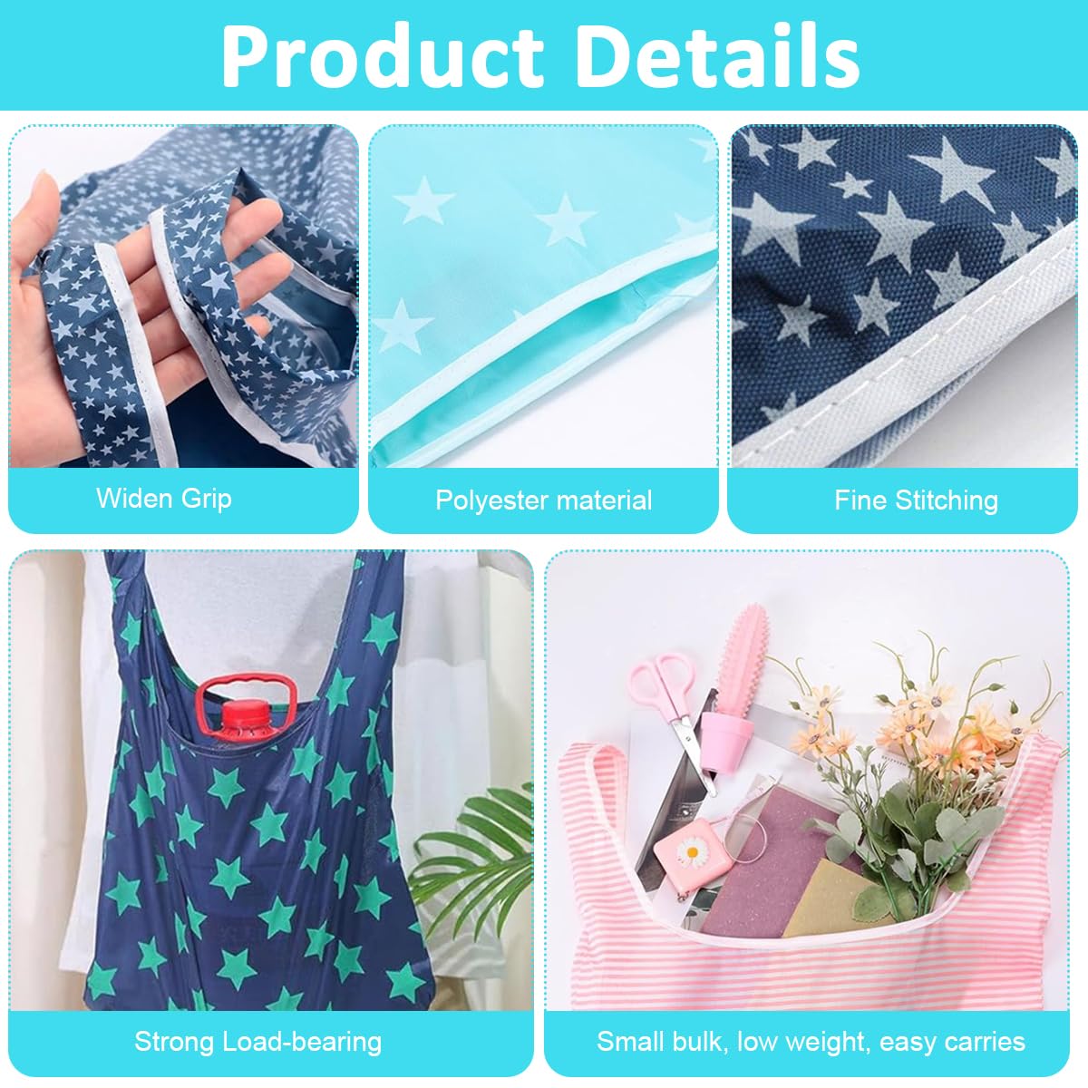 PALAY 6Pcs Shopping Bags Reuseable Grocery Bags Folding Pocket Grocery Bag Waterproof & Lightweight Fashion Print Oxford Cloth Grocery Bags