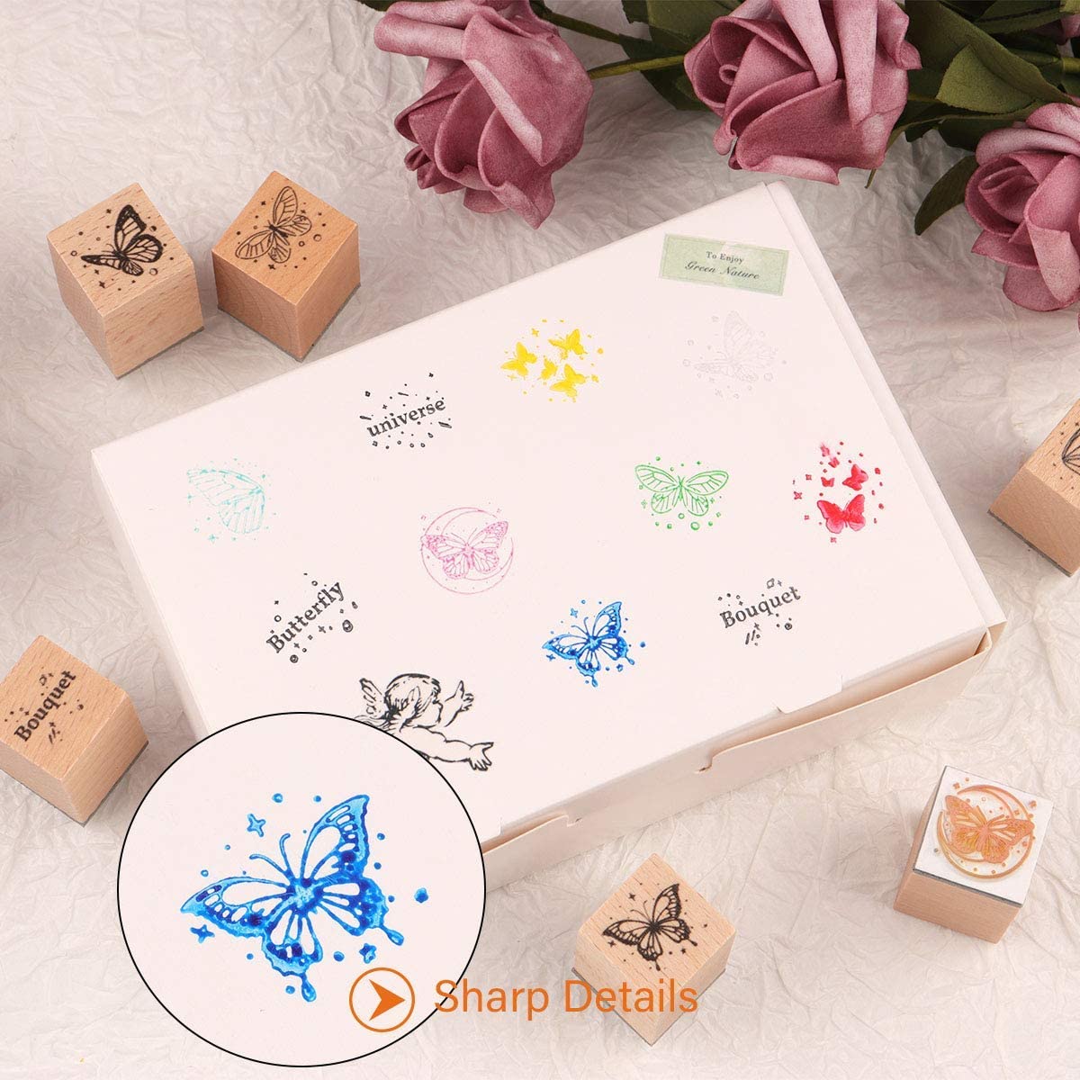 HASTHIP 16Pcs Vintage Wooden Rubber Stamps, Butterfly & Wings Decorative Stamp for Arts and Crafts, Journals, Card Making, Scrapbooking, Invitations