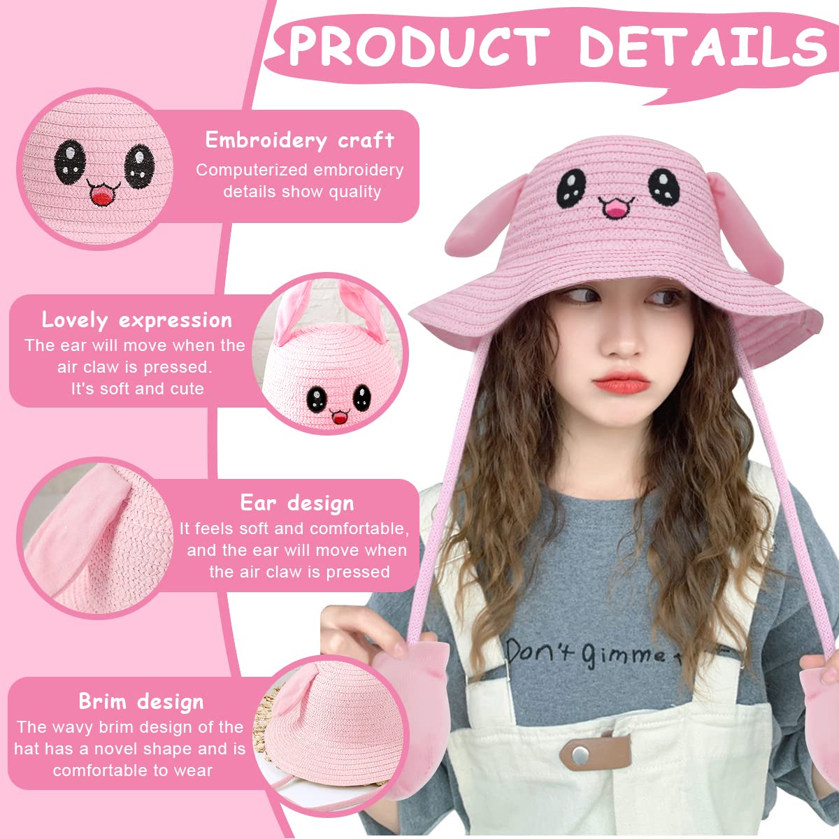 PATPAT Bunny Caps with Moving Ears, Straw Sun Hats for Women, Rabbit Moving Ear Flaps and Press Paws, Breathable Wide Brim Summer Beach Hat for Travel & Outdoor Activities, Bucket Hat for Girls Adult