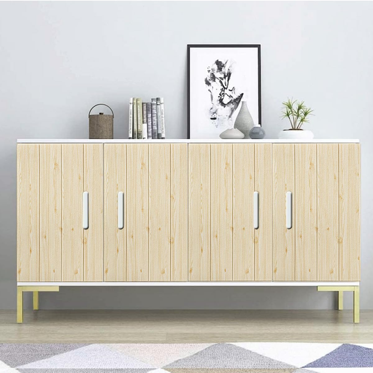 HASTHIP 6Pcs 3D Wall Stickers 27.5 Inches Square Beige Wooden Texture Wall Stickers Self-adhesive Wall Stickers for Home Decor Decorative Background Wall Stickers for Bedroom, Living Room