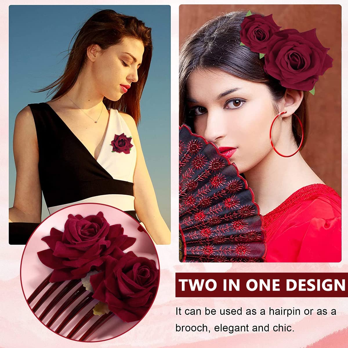 GUSTAVE Set of 4 Stylish Rose Bridal Floral Hair Pin Clips & Hair Accessories with Side Comb for Women Girl Party, party, Princess, Dating