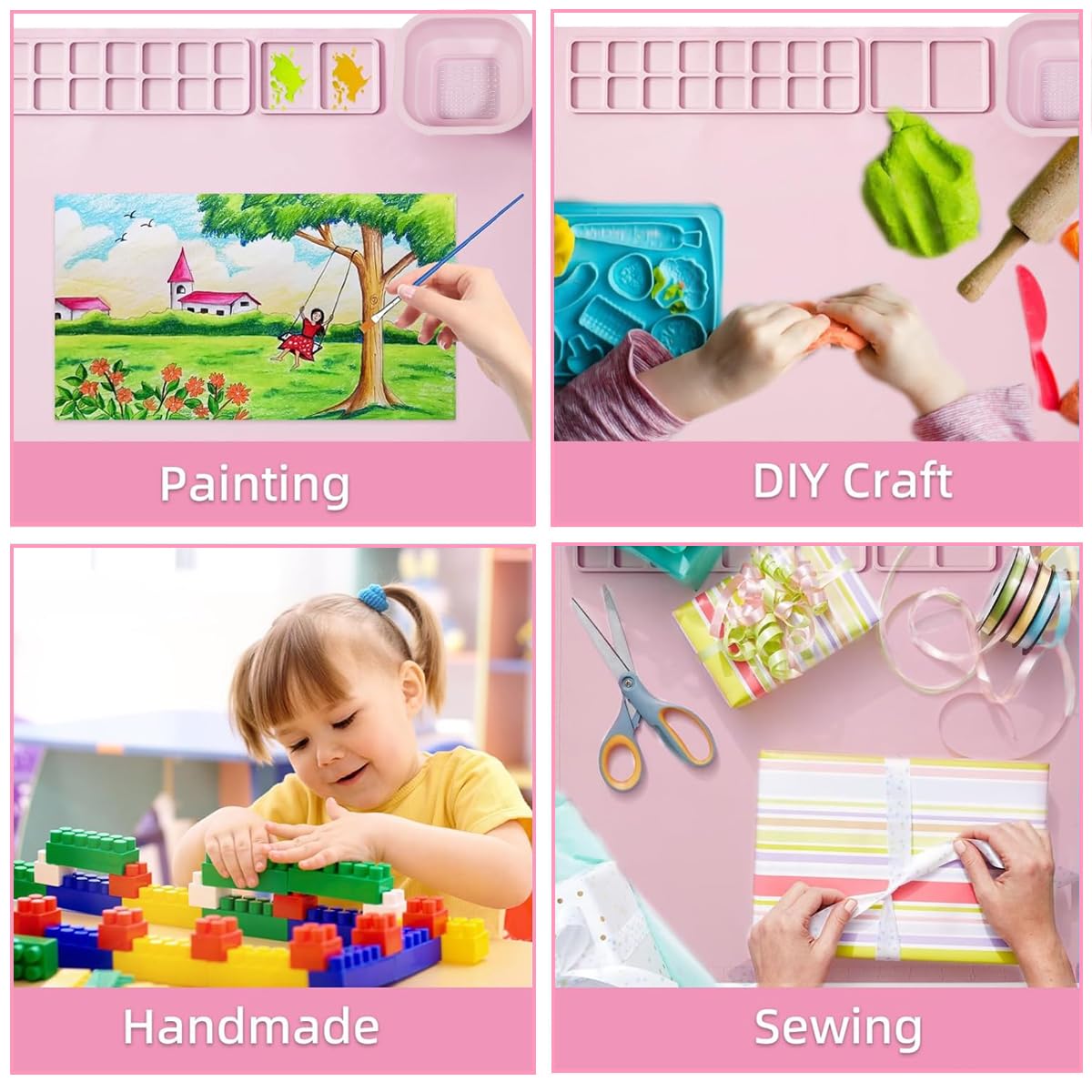 HASTHIP 50*40cm Silicone Craft Mat Kit for Painting, Play Doh and Clay for Kids, Non-Stick Multipurpose Silicone Sheet with with 1x Apron, 1 Pair Oversleeve, 20pcs Brushes, Childrens Day Gift