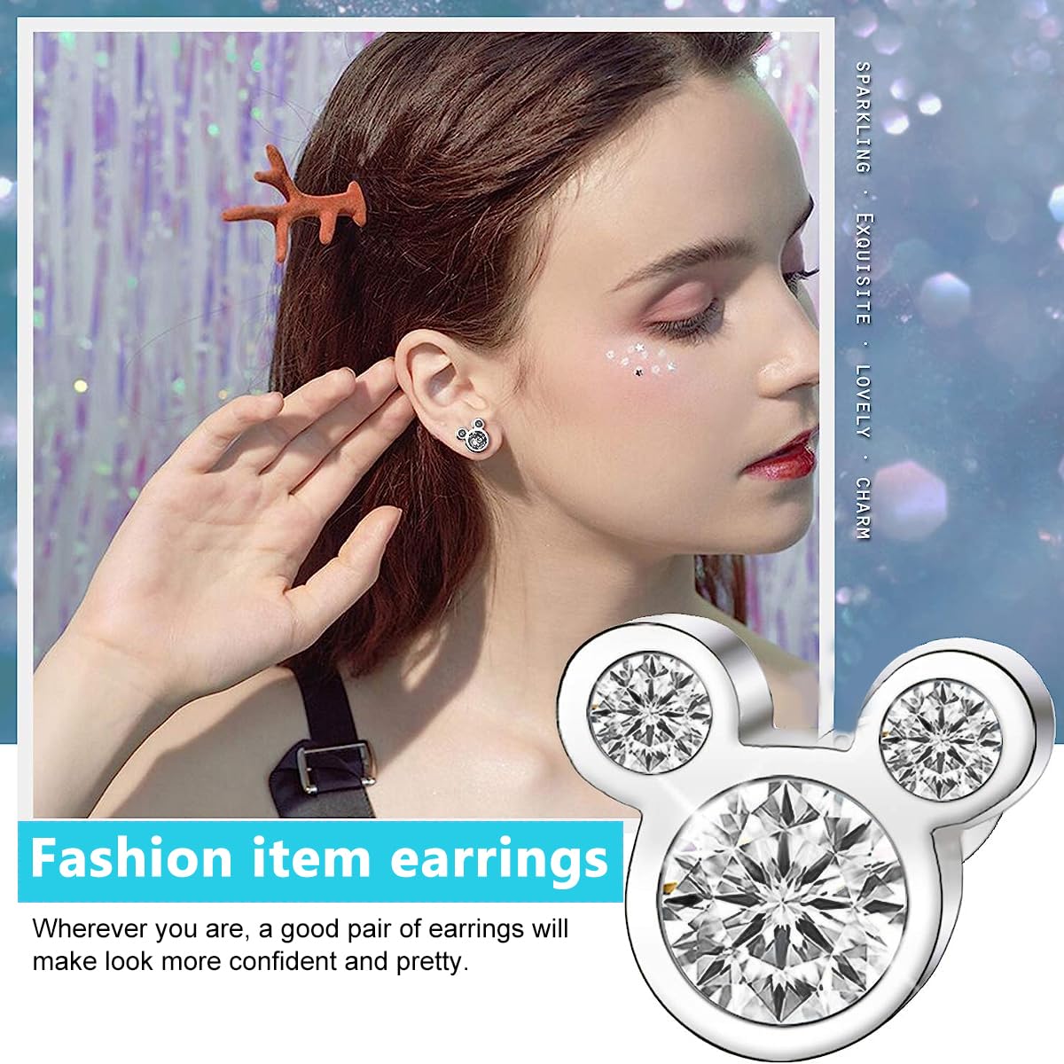 SANNIDHI 1 Pair Silver Earrings for Women Fashion Ear Stud, Sweet Micky Studs Rhinestones Inlaid Studs Earrings for Women Girls Jewelry Gift