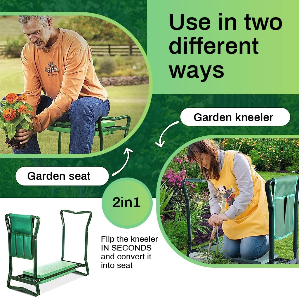 Optifit 2 in 1 Folding Kneeling Stool with Tool Holder Bag, Portable Gardening Seat Carbon Steel Stool for Easy Gardening Work, Great Gift for Any Gardener