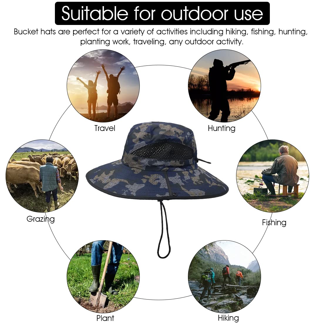 GUSTAVE Wide Brim Bucket Hats, Summer Caps for Men,with Adjustable Chin Strap,Classic Solid Color,Breathable Mesh Caps,Outdoor UV Protection for Summer, Travel,Hiking, Camping (Camouflage)