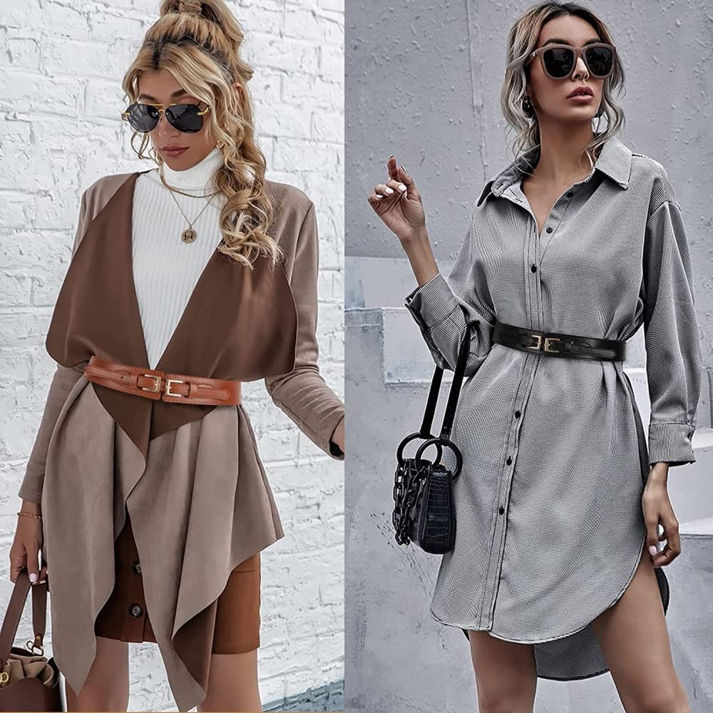 PALAY Black Belt for Women Dress Stretchy Fashion PU Leather Wide Waist Belt Vintage Metal Buckle Women Belts for Dress Blouse Blazer -Fit Waist 23-33