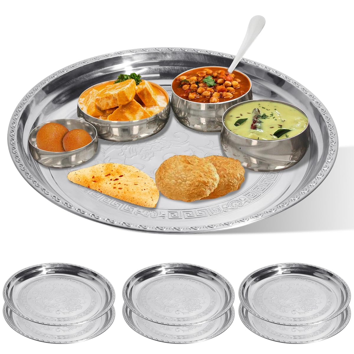 Supvox 6Pcs Stainless Steel Dinner Plates 11.8 Inches Round Shape Embossed Serving Trays Food Grade, Durable, Eco-Friendly, Dishwasher Safe Ideal for Special Occasions and Everyday Use