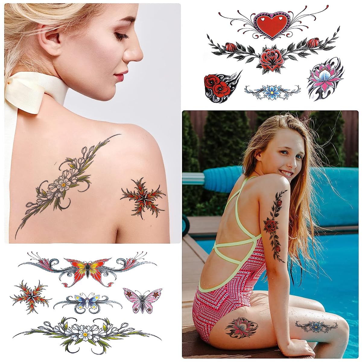 MAYCREATE 8 sheets Temporary Tattoos Sticker for Women Clavicle Temporary Tattoo Sticker Waterproof Temporary Tattoo Stickers for Arm, Waist, Chest, Temporary Tattoo for Fun