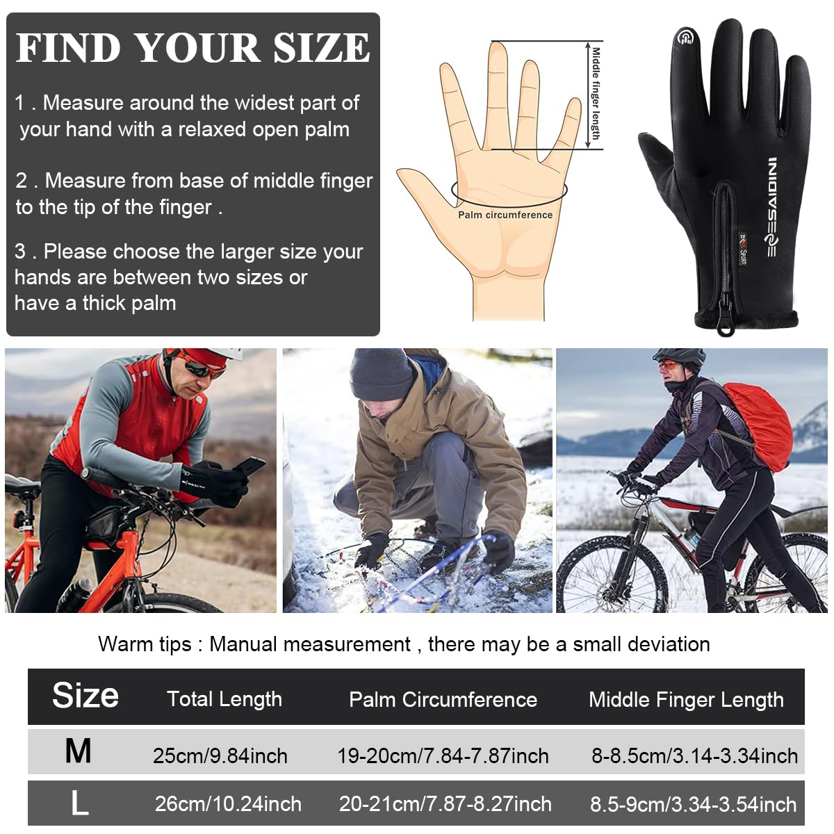 GUSTAVE Winter Cycling Gloves For Men,Riding Gloves Finger Gloves,Gloves For Men Winter Warm Touchscreen Thermal Fleece Lined (Black L), Large