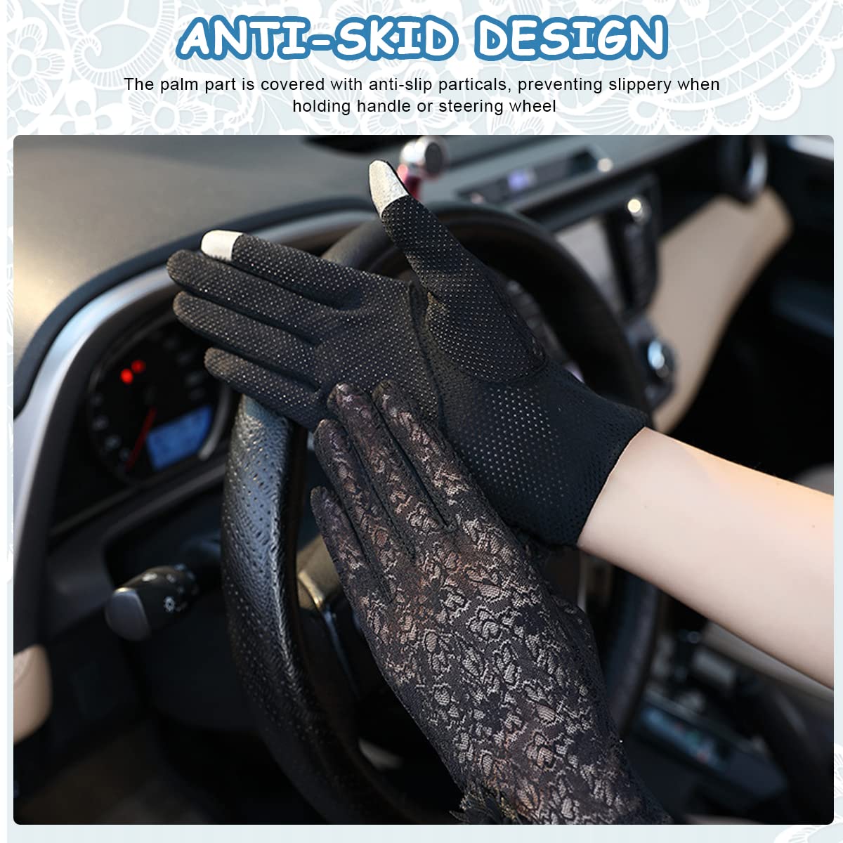 PALAY Lace Gloves for Women Ladies Black Elegant Flower Bridal Gloves Short Sun Protection Gloves for Wedding, Party, Prom, Festival
