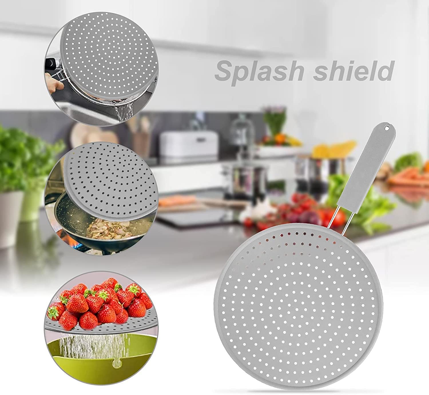 HASTHIP 11inch Frying Pan Non-Stick Cover, Silicone Splatter Screen Pan Cover with Heat Insulation Handle, Heat Insulation Cooling Mat, Strainer, Drain Board, Oil Splash Guard for Frying Pan