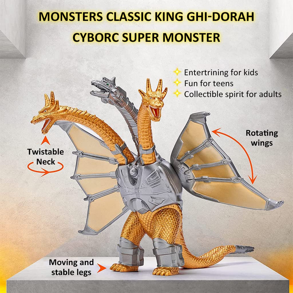 PATPAT Godzilla Toys 7'' Monsters Classic King Ghidorah Mechanical 3 Head Dragon Vinyl Big Action Figure Ghidorah Collectible Model Dinosaur Toys for Kids