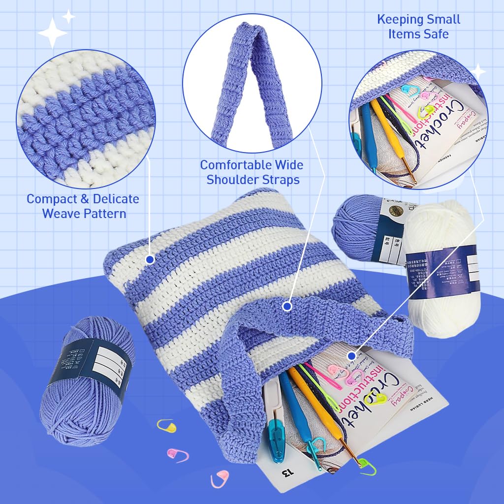 HASTHIP DIY Crochet Bag Material Kit Beginners Blue White Stripy Fashion Crochet Tote Bag Material Kit with Yarn, Crochet Hook, Tools & Accessories, Tutorial Video, DIY Crochet Kit for Adult