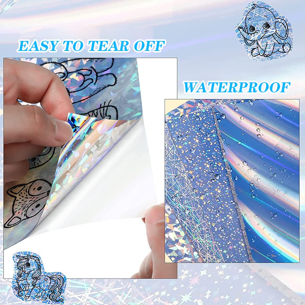HASTHIP Holographic Sheet Self Adhesive Vinyl Sticker Photo Paper, Printable Laser Printing Paper A4 Waterproof Strong Foil Adhesive Backed Holo Vinyl for Inkjet Laser Printer -20 Sheets