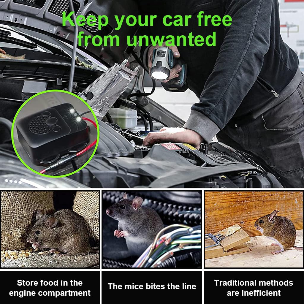 ZORBES Rodent Repeller for Car 12V Ultrasonic Car Mouse Repeller Under Hood Car Rodent Repeller with Strobe Light Animal Repeller Vehicle Mouse Repeller for Trucks, Van, RV
