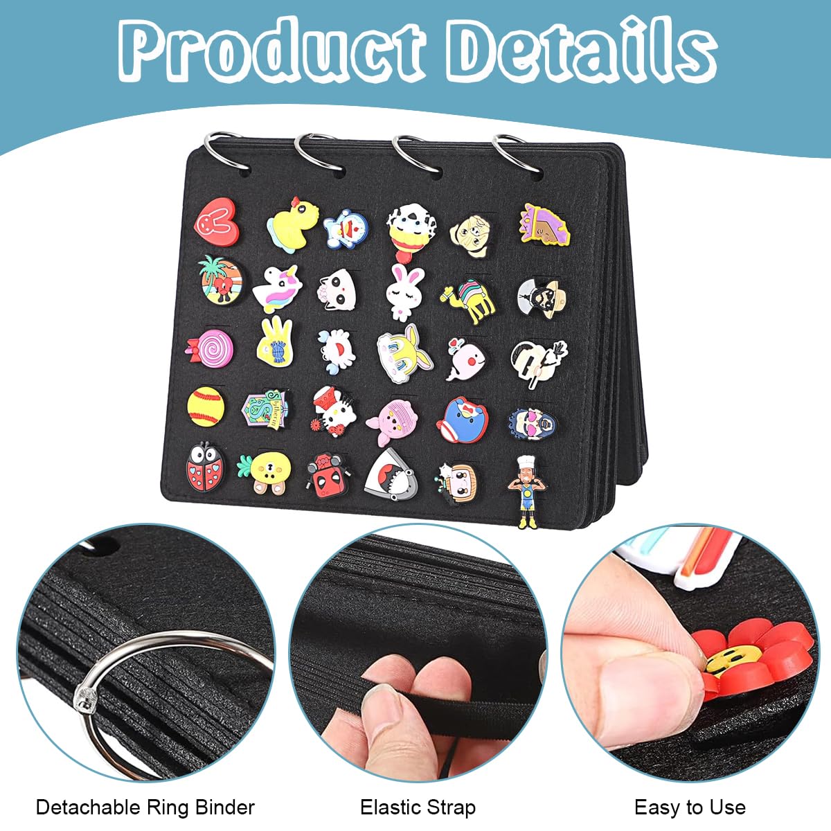 MAYCREATE Felt Organizer Album 120Pcs Shoe Charms Organizer Croc Shoe Charms Collection Album with Elastic Strap Closure Brooch Pin Organizer Binder, 26x21.3cm, Black