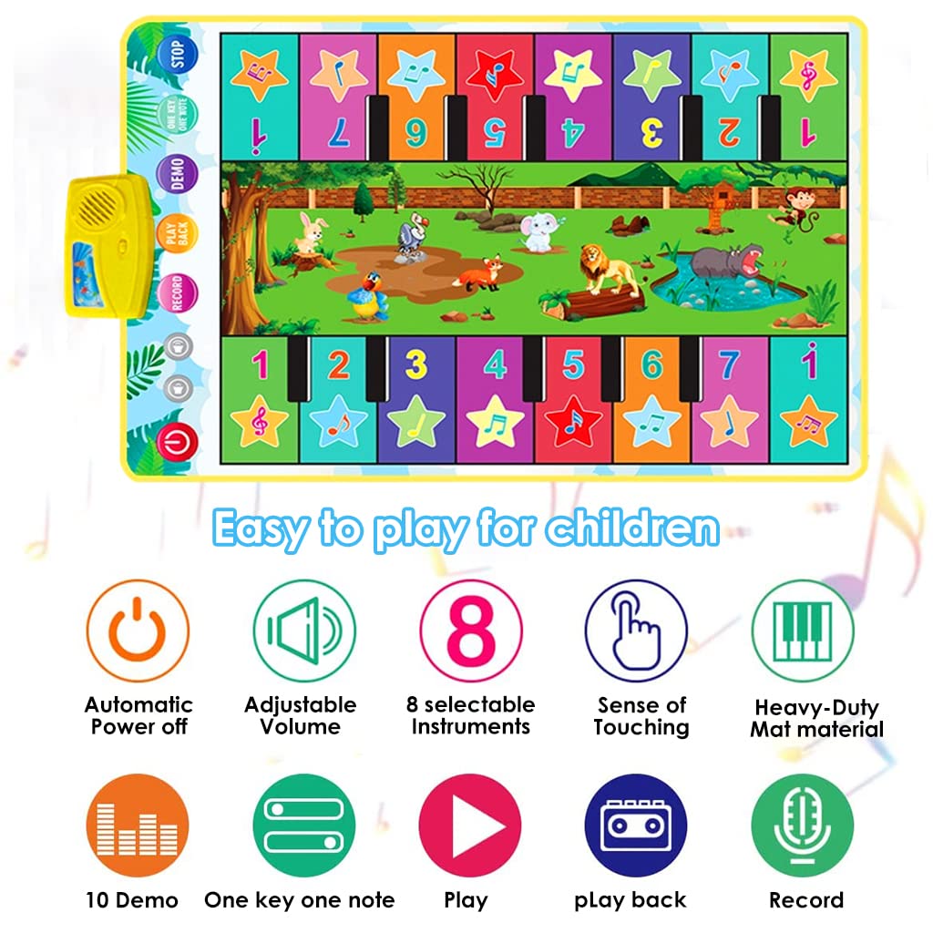 PATPAT Musical Mat for Kids, 36'' x 24'' Dual-Row Keyboard Floor Piano Mat with 16 Keys & 8 Instrument Sounds, Musical Mat Early Educational Toys Gifts for 2/3/4/5/6 Year Old Boys Girls