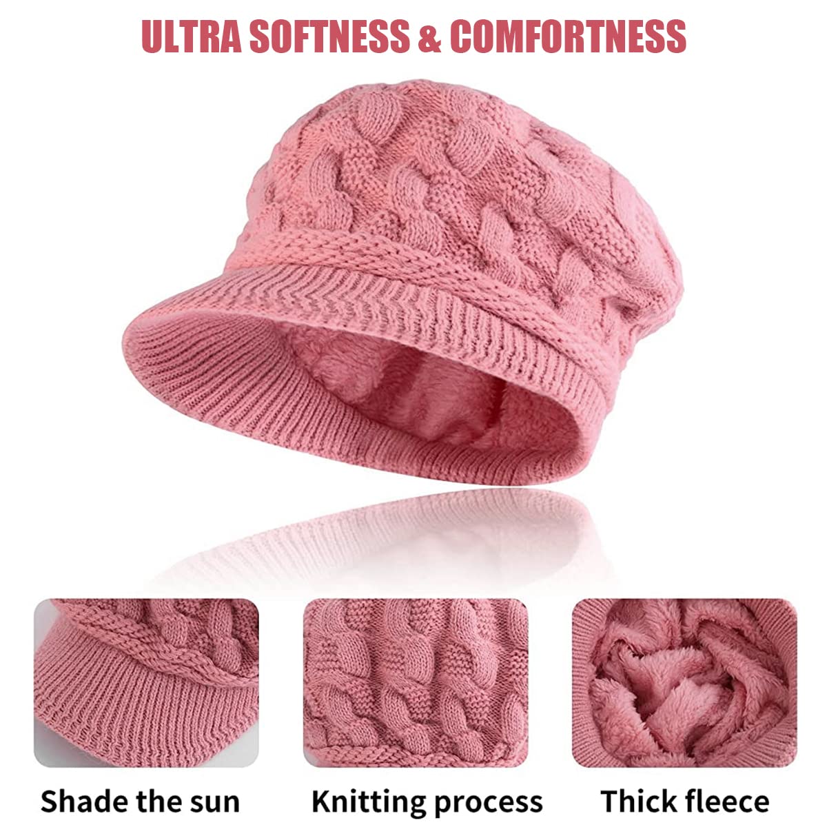 PALAY Winter Cap for Women Stylish Knitted Beret Cap Fleece Lined Wide Brim Beret for Women Warm Hat for Girl Ladies Pink