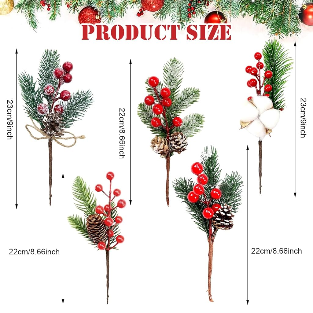 HASTHIP 5Pcs Christmas Red Berries Branches with Pinecones for Christmas Decorations 7.87 Inches Artificial Large Red Berry Pine Branches for Xmas Tree, Christmas Garland Wreath, DIY Craft Home Decor