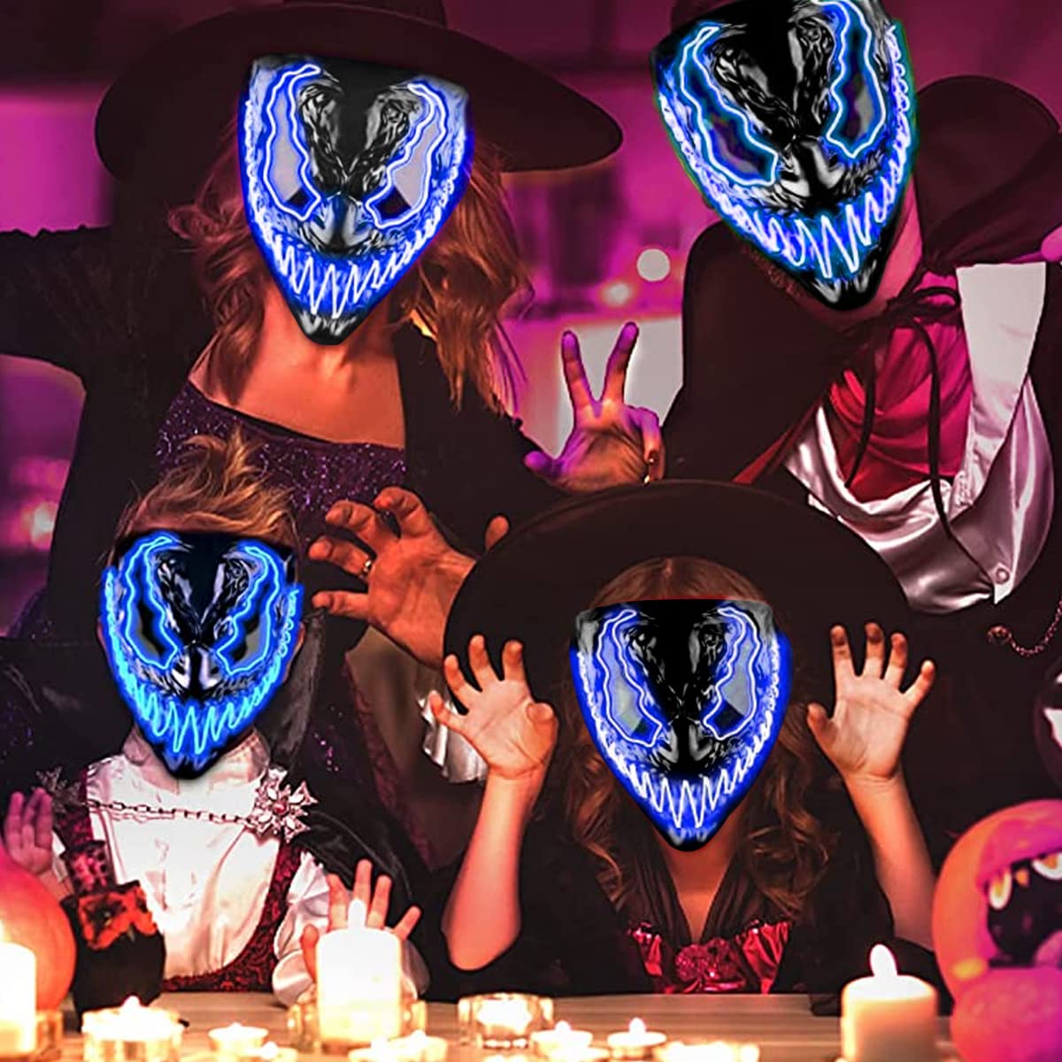 PATPAT Halloween Mask LED Light Up Mask for Adults Kids, Neon Glow Masks with Dark and Evil Glowing Eyes, Cool Halloween Costume Cosplay Party for Men Women (Blue)